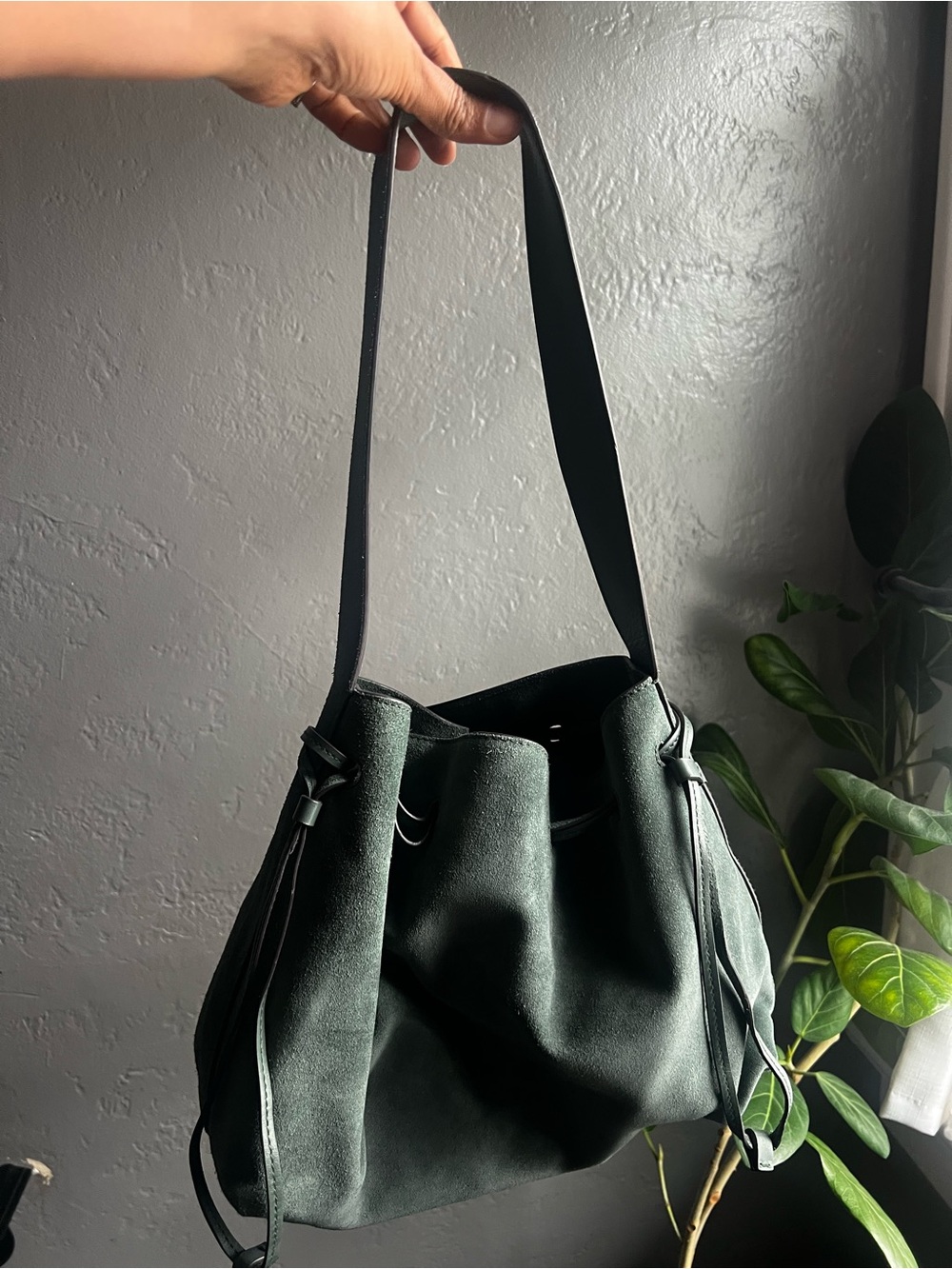 MADEWELL Suede Green Drawstring Shoulder Tote Bag - Picture 2 of 10